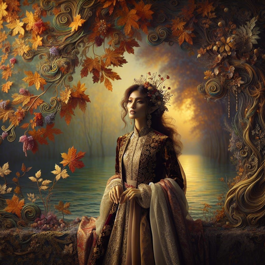 Romantic Elf Woman at Lake in Pre-Raphaelite Style