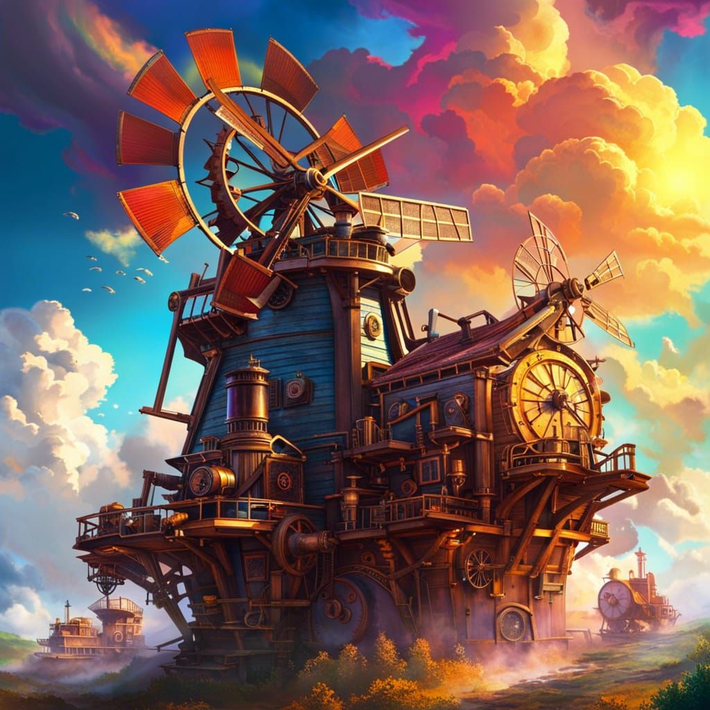 Steampunk Windmills Soar in a Splash Art Sky