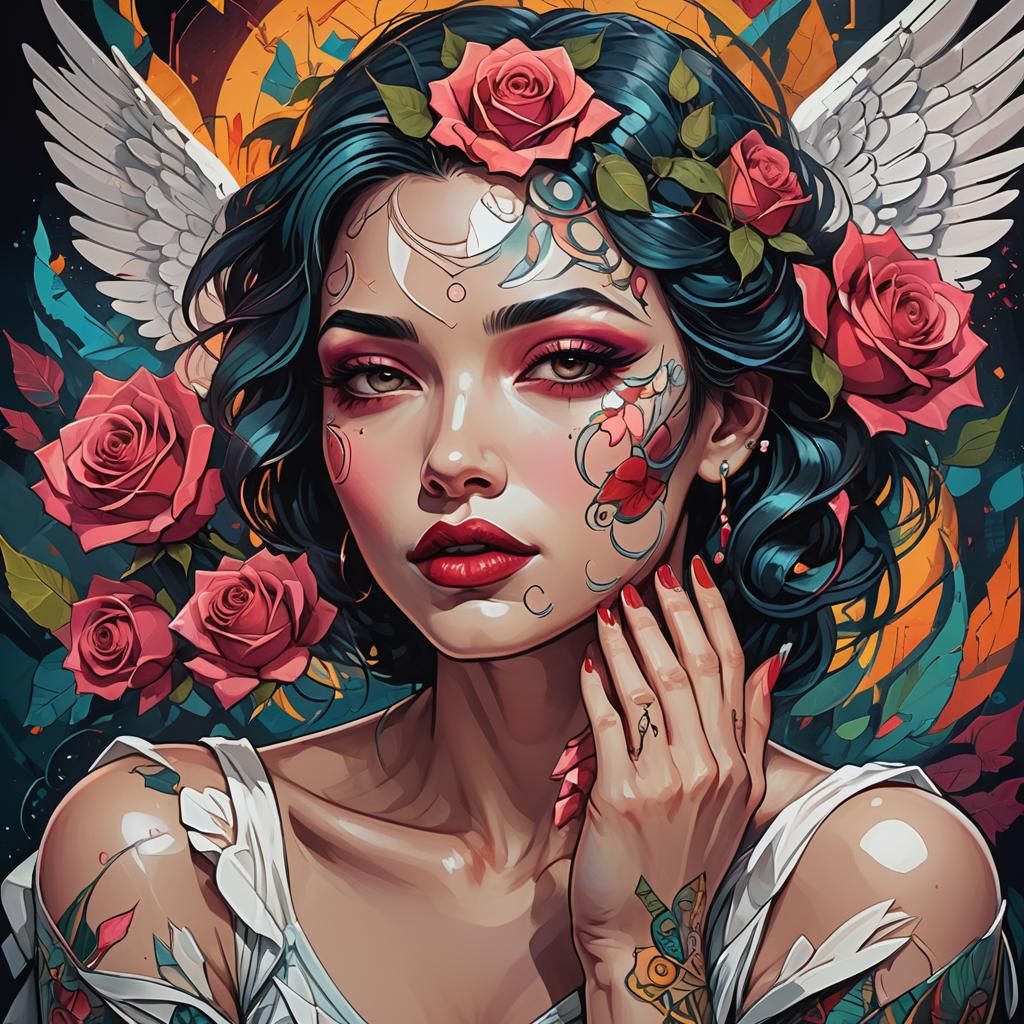 Cubist Lady with Rose Lips and Neon Tattoos