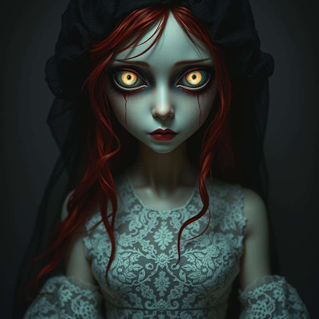 Eerie Woman with Glowing Eyes in Dark Romanticism Style