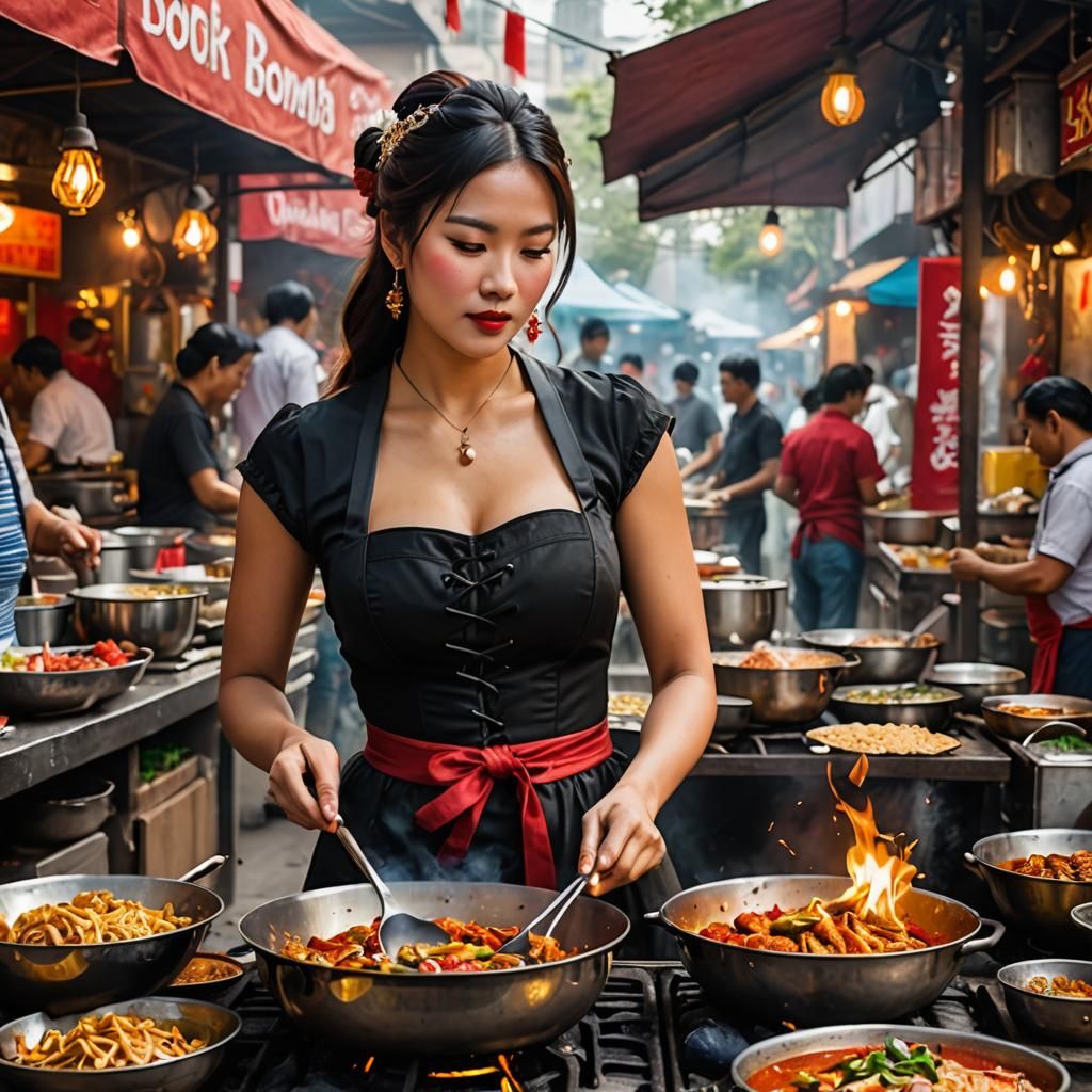 Woman Cooking at Street Food Stall in Vibrant Colors
