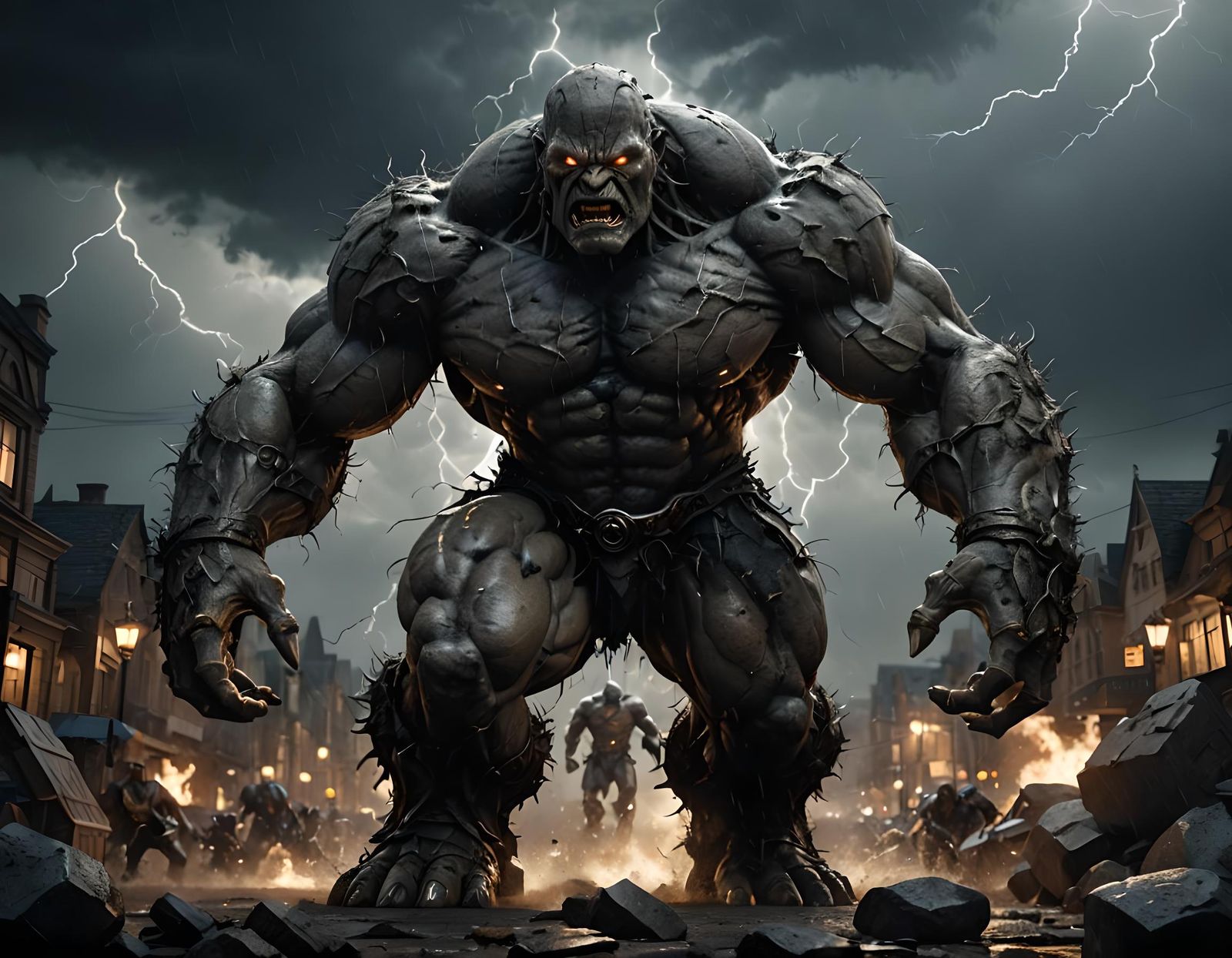 Muscular Golem in Action Pose with Dynamic Lighting