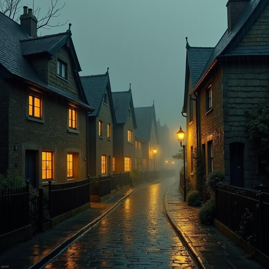 Rainy Evening on Cobblestone Street, Atmospheric Lighting