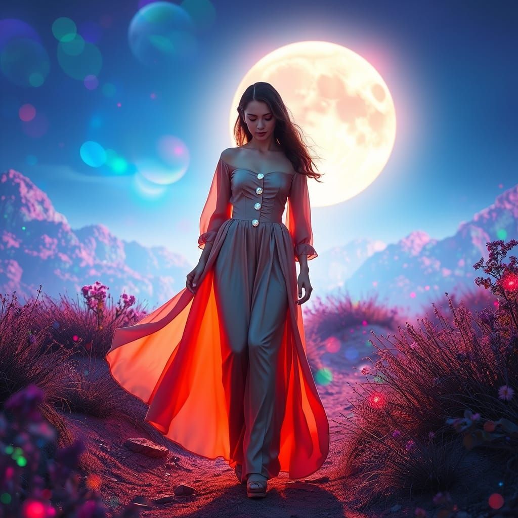 Woman Stepping into Dreamy Iridescent Landscape with Etherea...