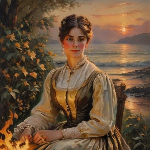 Cozy Woman Sipping Hot Chocolate: Oil Painting