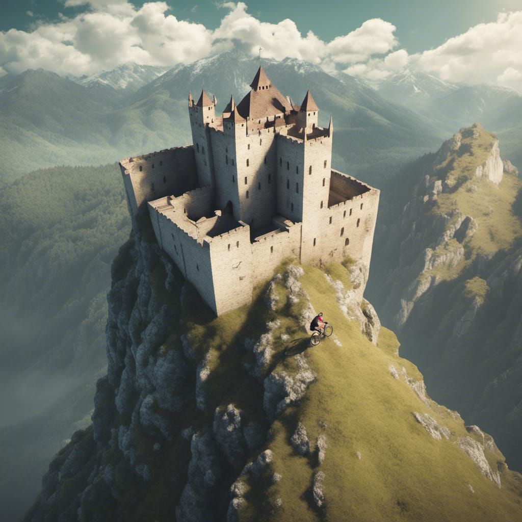 Levitating Cyclist Swoops Toward Castle: Naive Art