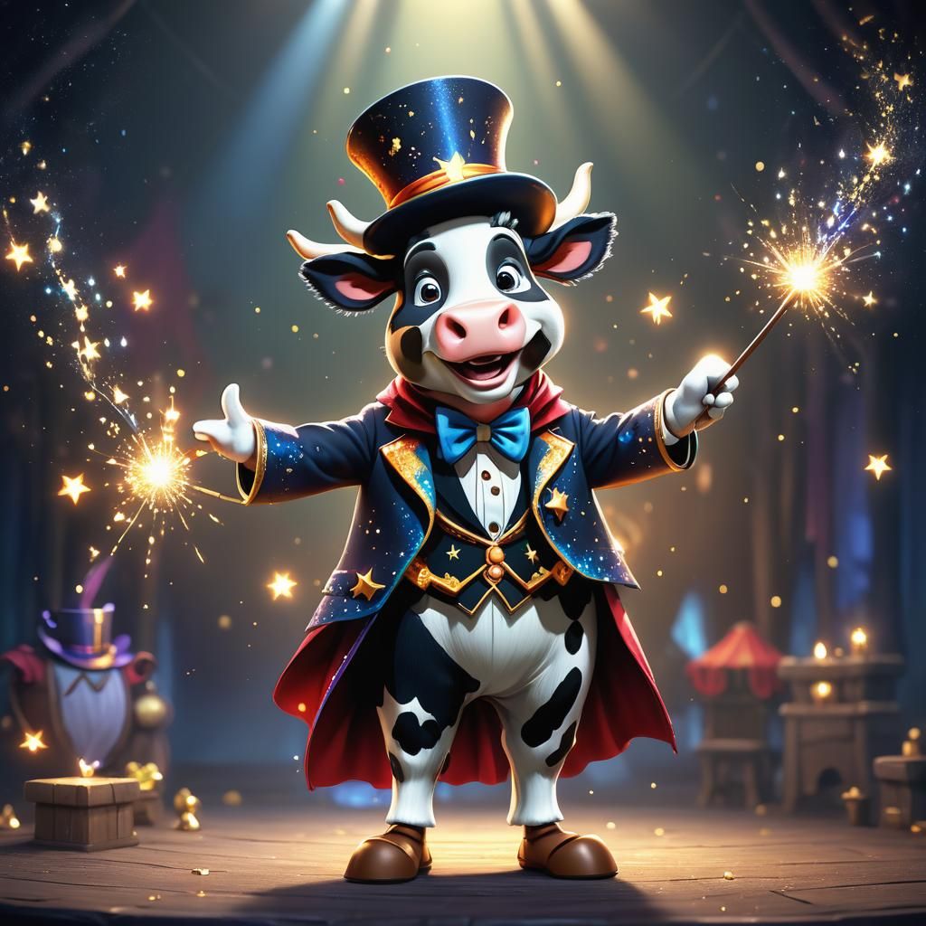“A friendly cow cartoon character dressed as a magician, per...