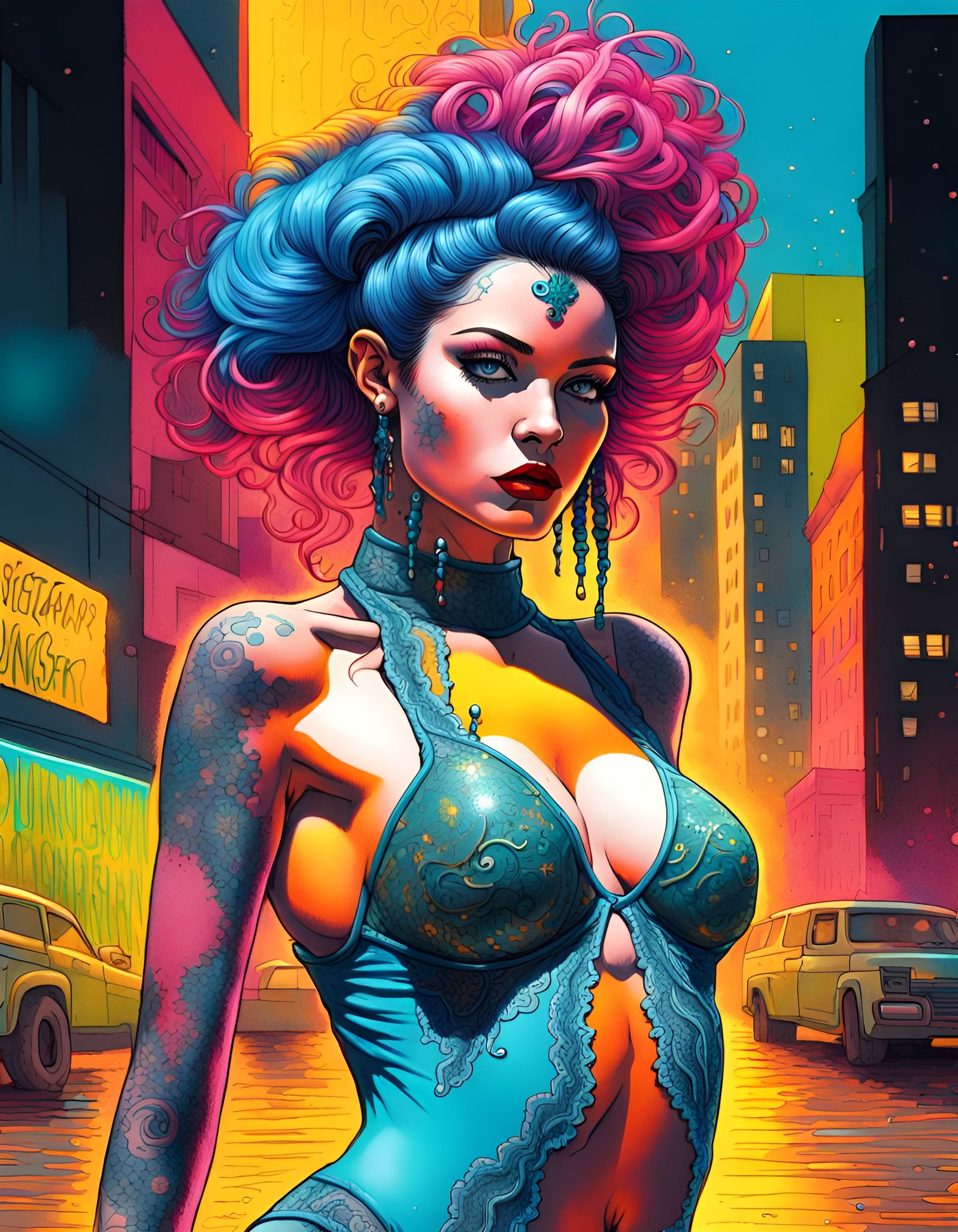 Futuristic Burlesque Dancer in Neon Graffiti Style