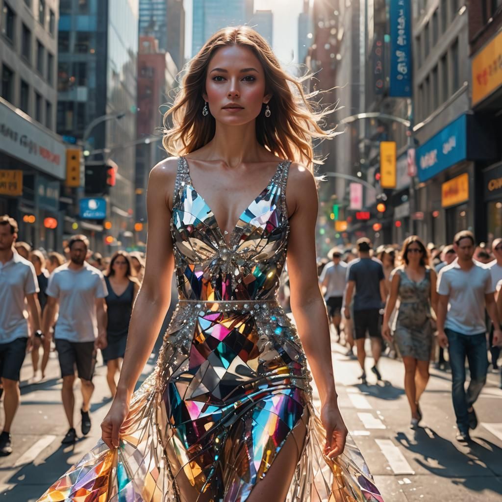 Radiant Woman in Crystal Dress, Hyper-Realistic Photograph