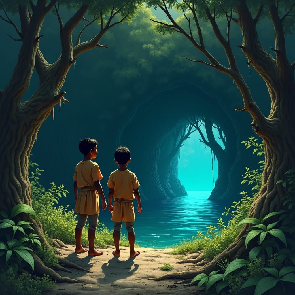 Mysterious Forest Encounter: Twin Boys and Luminescent Cave