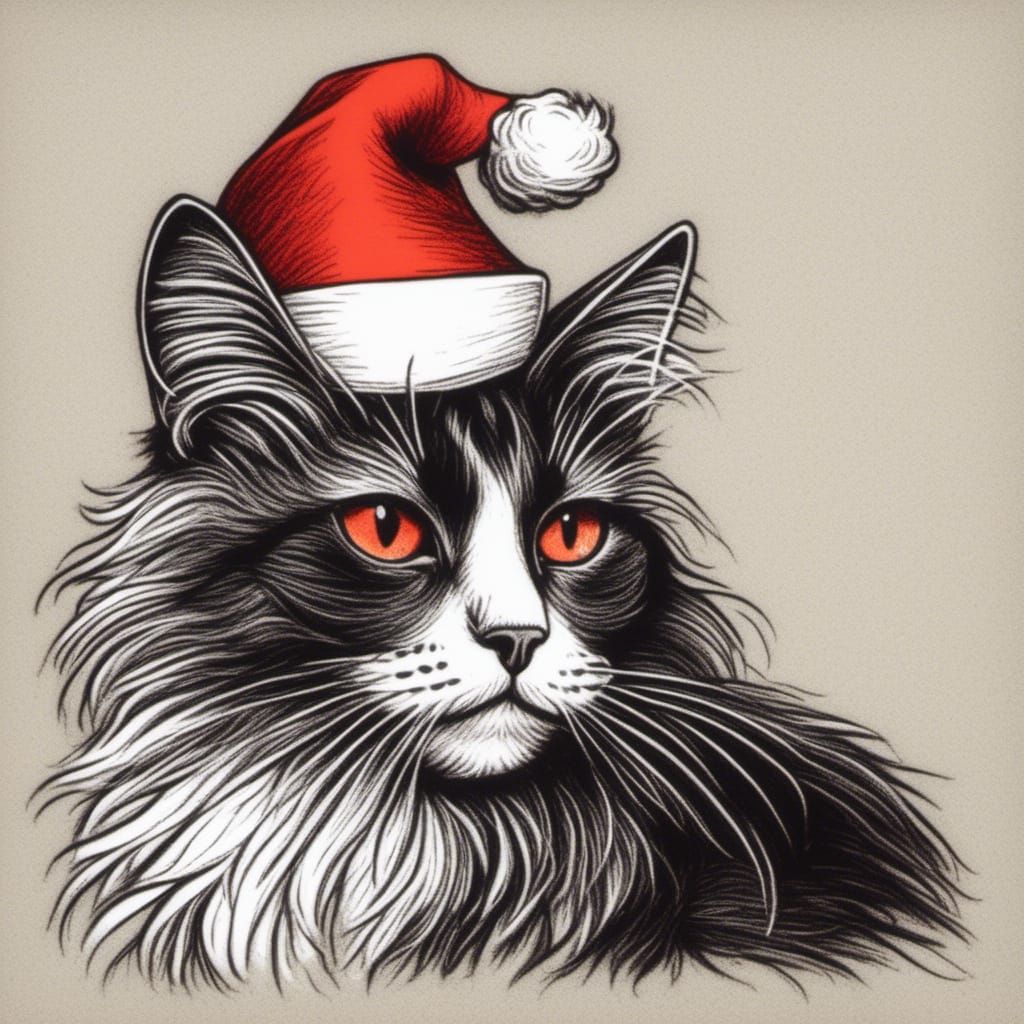 Maine Coon Cat in Santa Hat, Cartoon Style