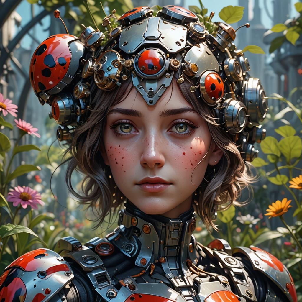 Hydraulic Ladybug in Futuristic Garden, Detailed 3D Render