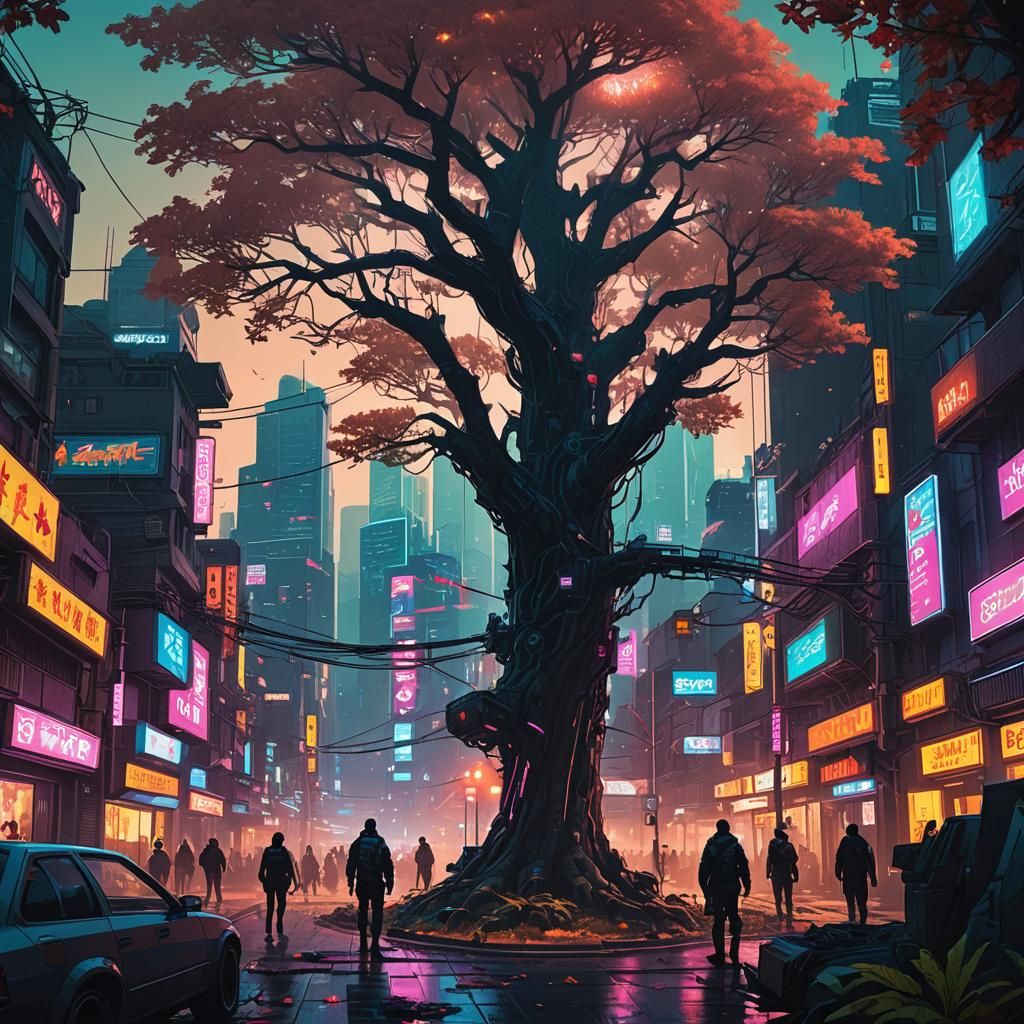 Biopunk Cityscape with Towering Tree, in Cyberpunk Style