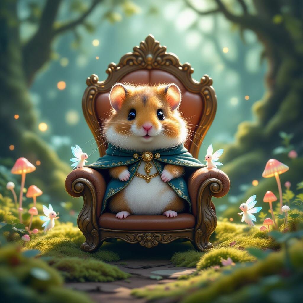 Bioluminescent Hamster on Mushroom Throne in Enchanted Fores...
