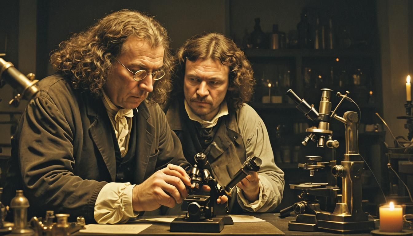 Crea una imagen inspirada en Anton van Leeuwenhoek, un comerciante holandés del siglo XVII, perfeccionó el microscopio y...