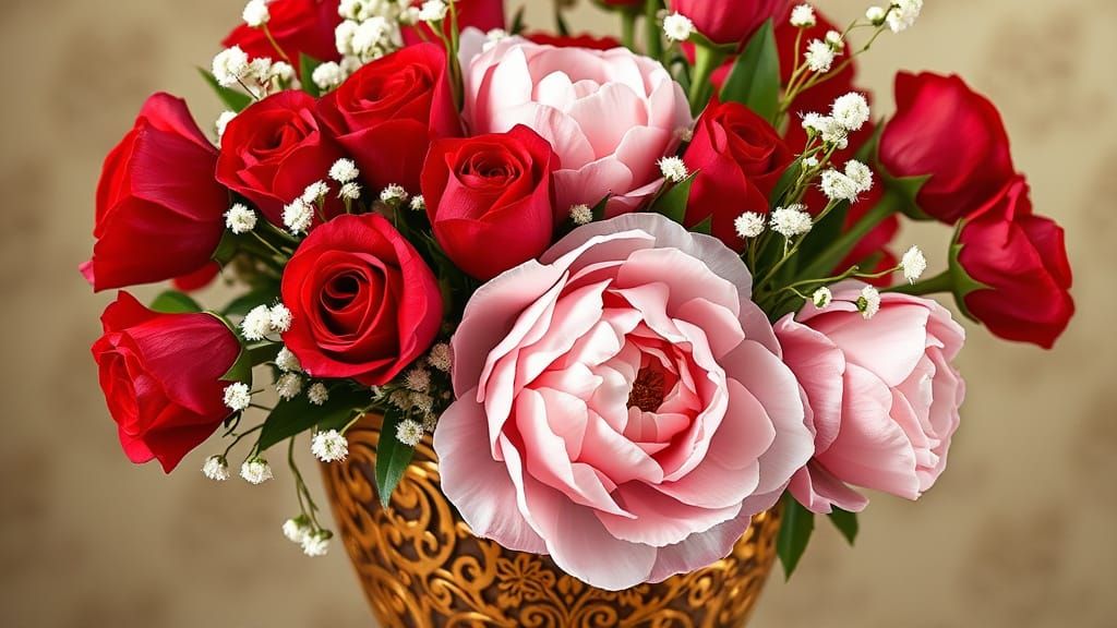 Romantic Art Nouveau Roses in a Luxurious Gold Vase