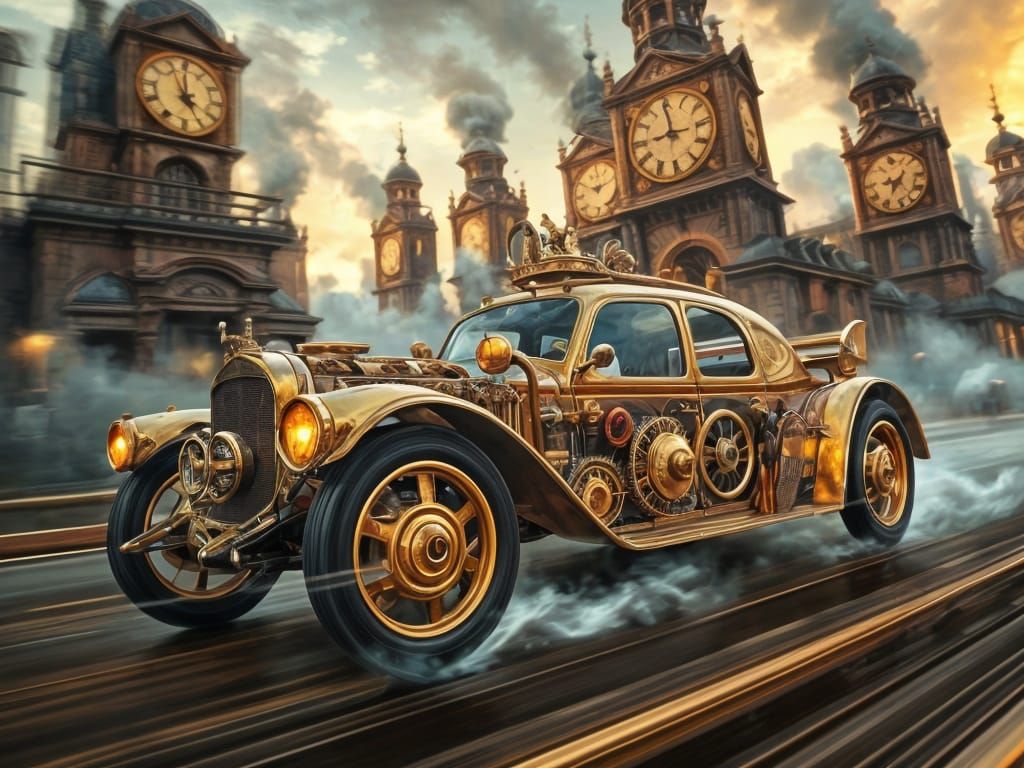Steampunk Car in Vortex Motion Blurs Digital Artwork