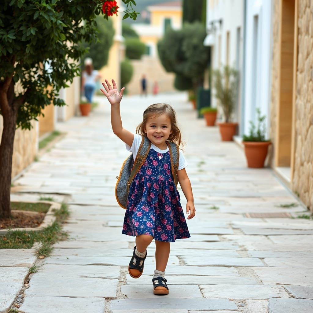 Greek Girl's Morning Walk to School
