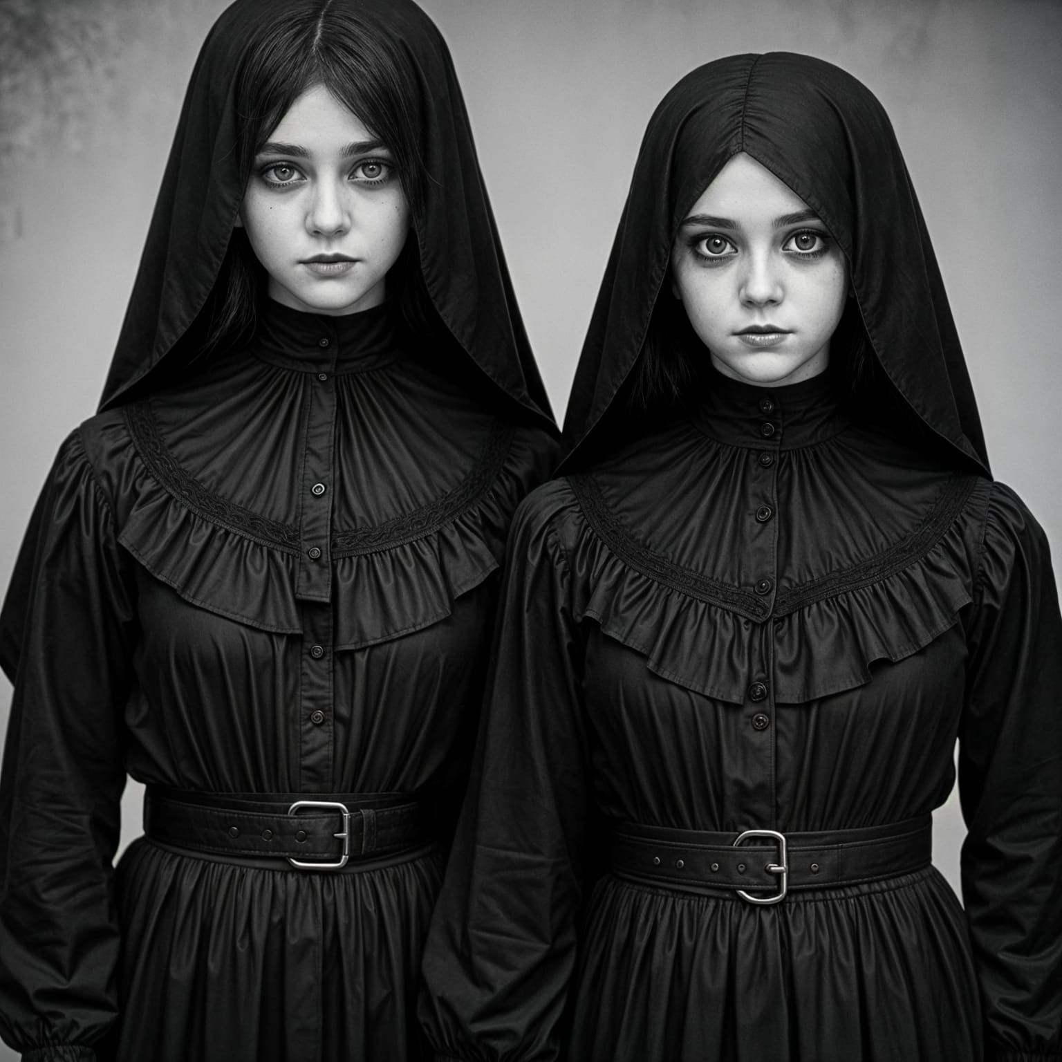 Eerie Black-Eyed Children in a Bleak Landscape