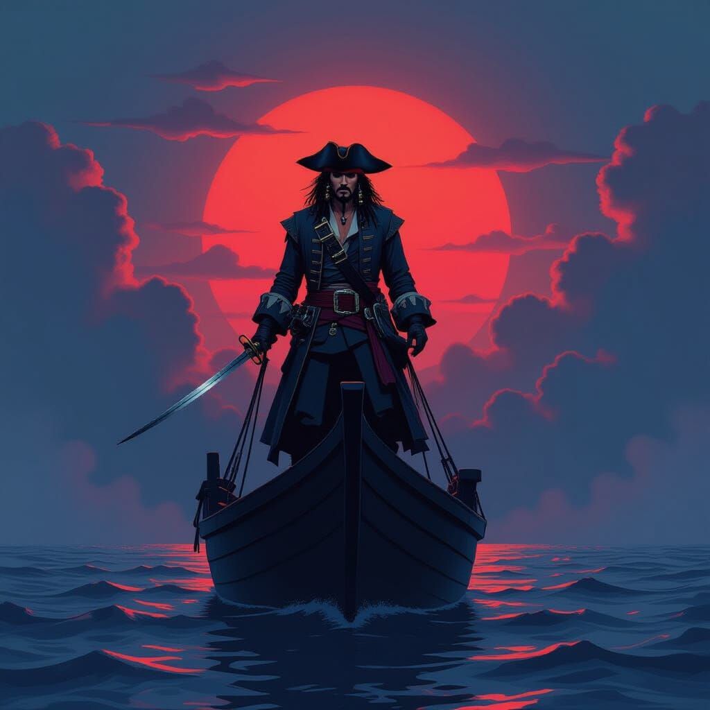 Jack Sparrow on Black Pearl, Red and Blue Sky