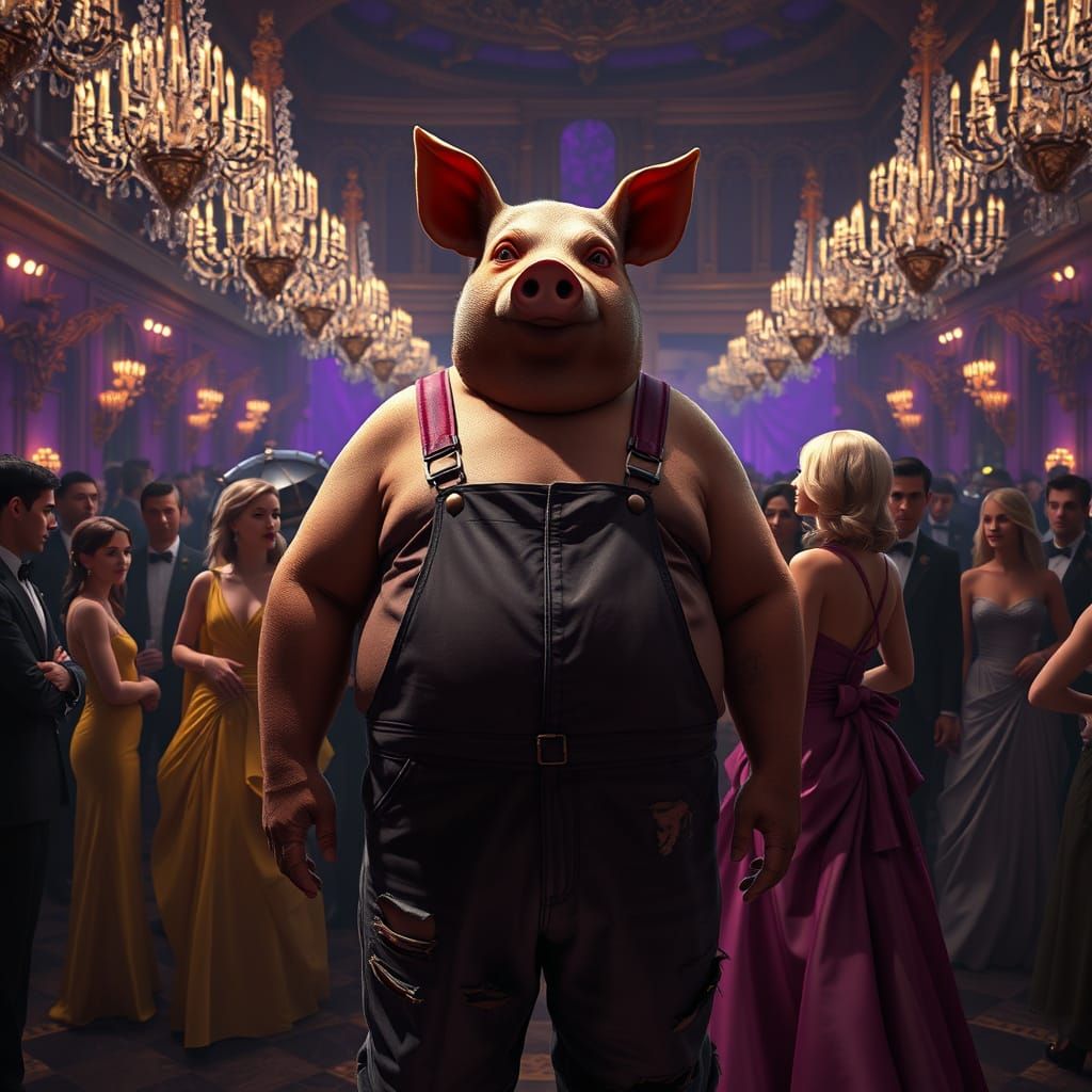 Pig-Headed Man Mesmerized in Grand Ballroom