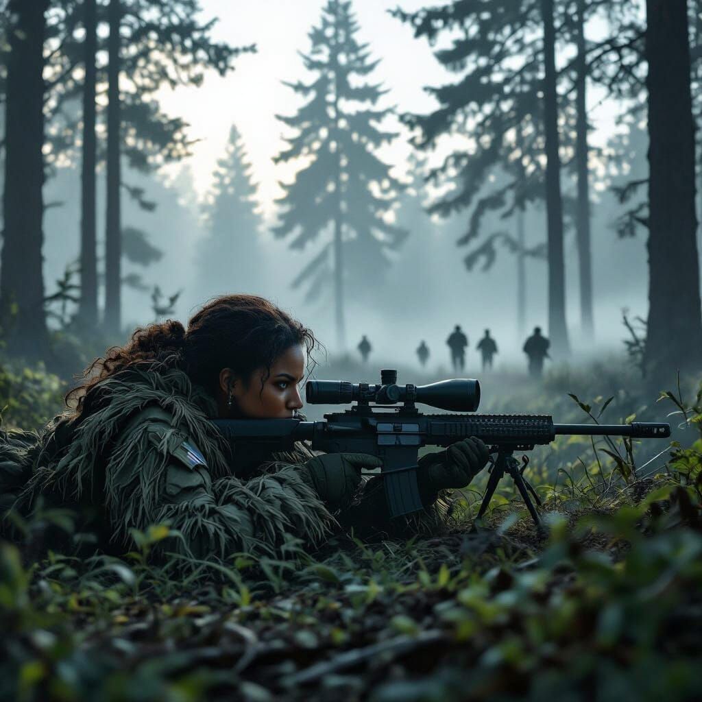Sniper Riley Vega in Foggy Forest, Cinematic Realism