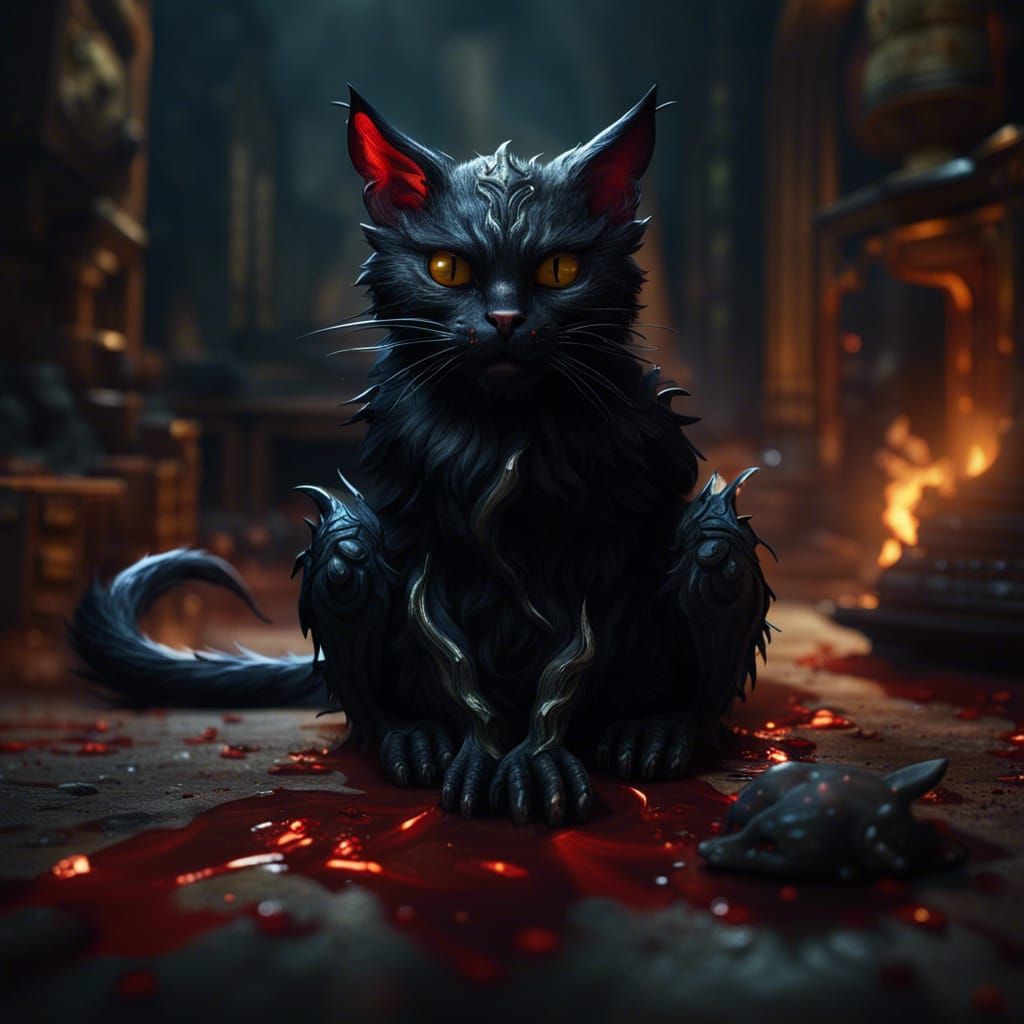 Devil Black Cat Gazing at Mouse: Detailed Matte Painting