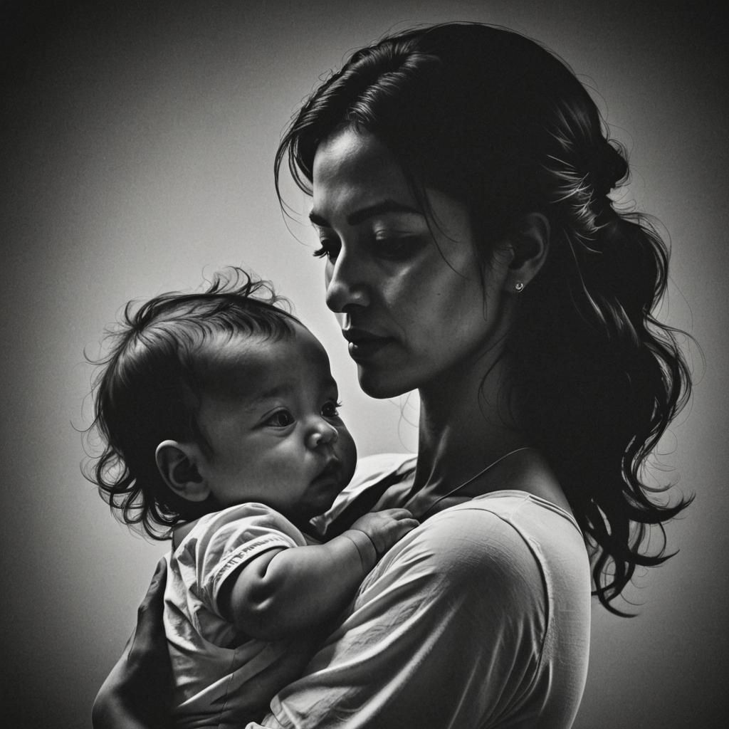 a woman holding a baby in her arms, a black and white silhouette, behance, sots art, black background, behance hd, chiar...