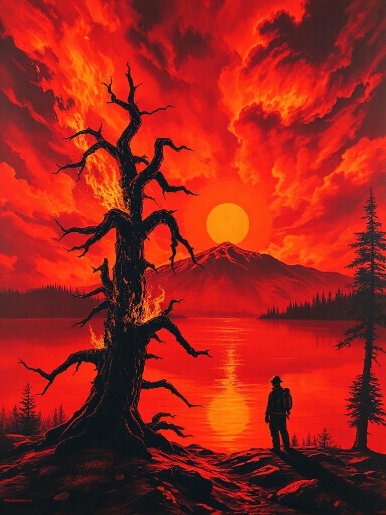 Inferno: Fiery Red Landscape in Impasto Oil Painting