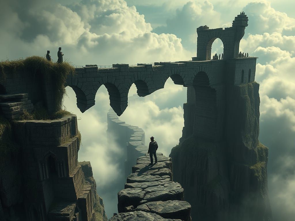 Dramatic Bridge Across a Vast, Misty Chasm in a Cinematic St...