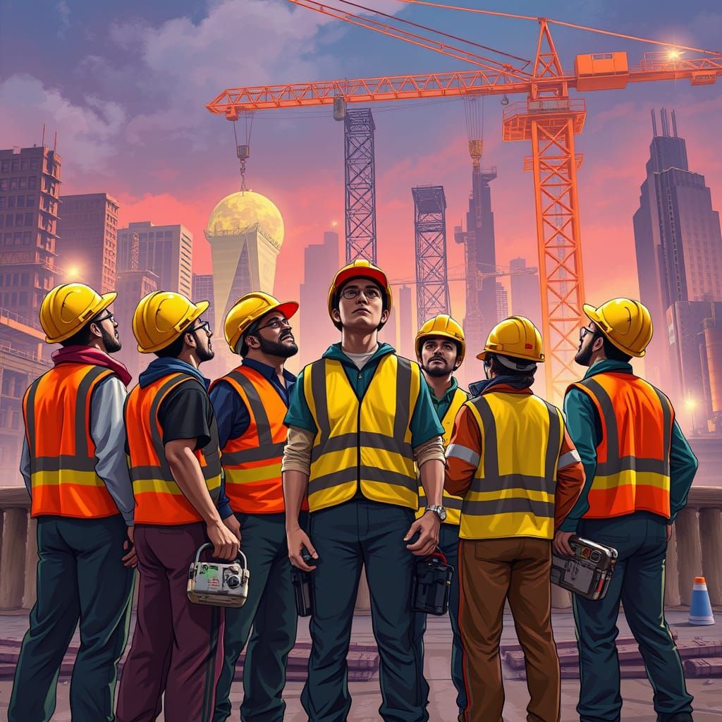Workers in High-Visibility Vests Stand United in a Vibrant C...