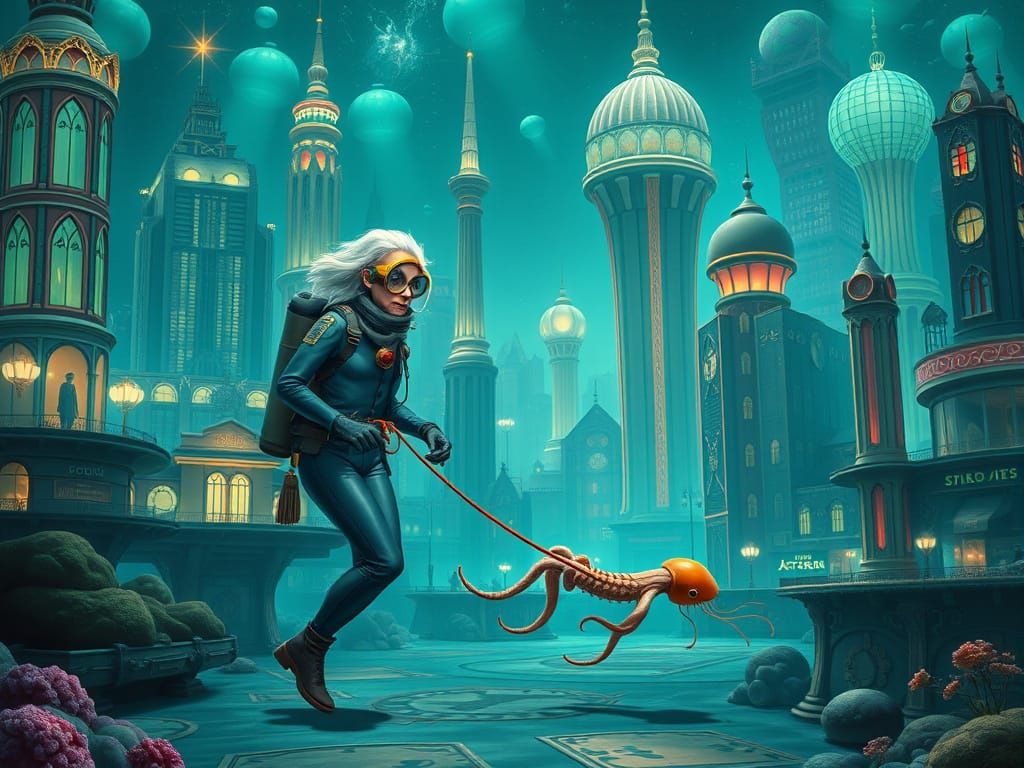 Underwater Cityscape with Woman, Squid, and Art Deco