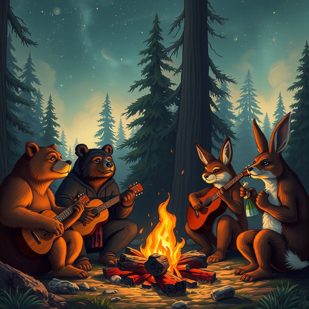 Animal Musicians Around Campfire in Heroic Fantasy Style