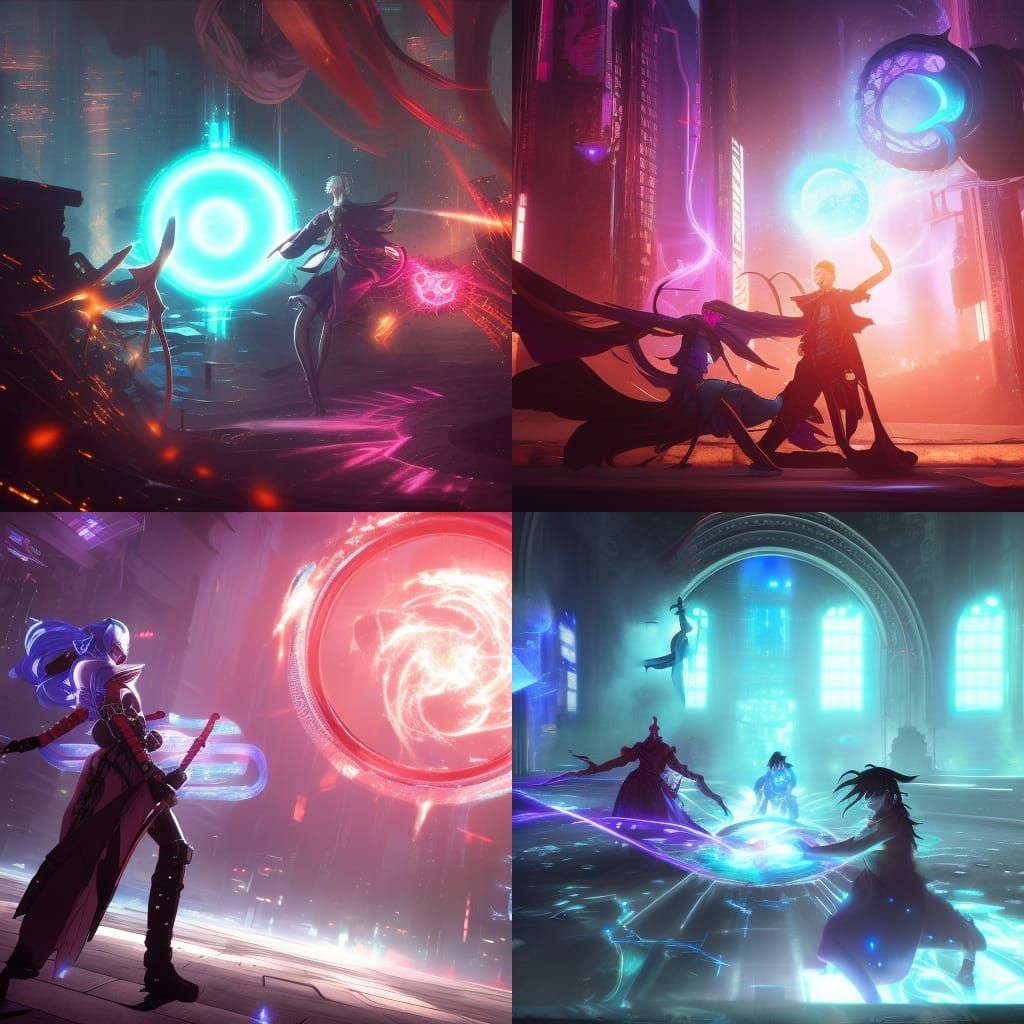 Cyberpunk Alchemists Duel Inside Magic Circle Anime