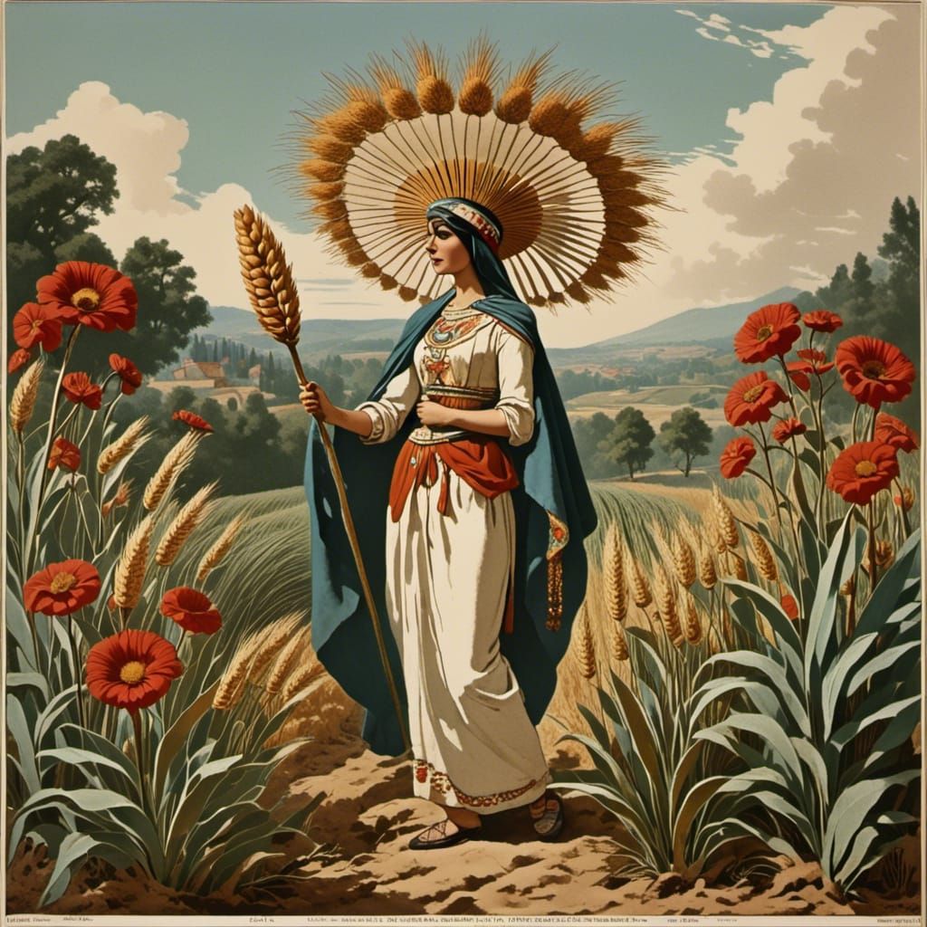 Chieftain's Wife Ritual in Wheat Field: Mesoamerican Fresco