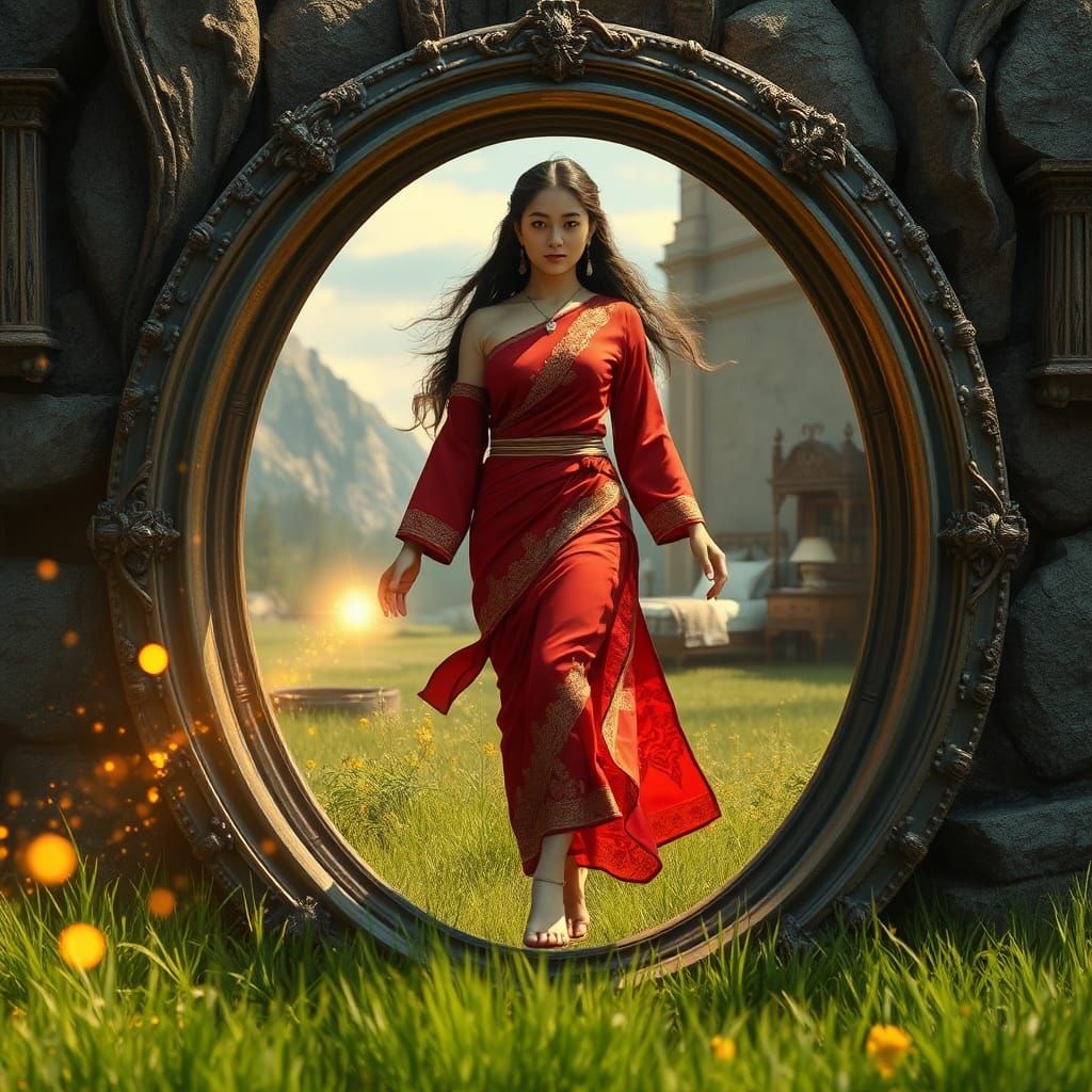 Asian Woman Emerges from Mirror into Fantasy World