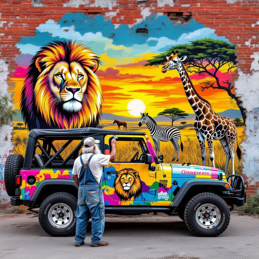 Safari Jeep Mural with Regal Lions, Graffiti Art