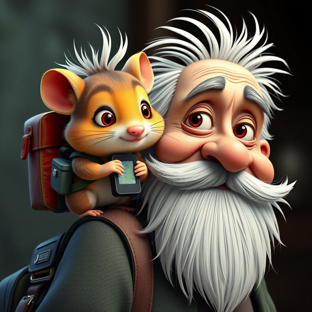 Whimsical Hamster Guides Old Man: 3D Cartoon in Ronald Searl...