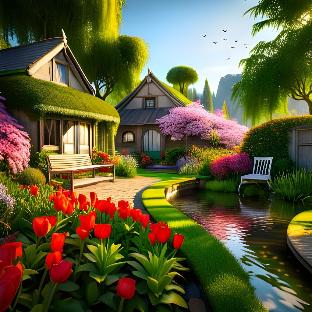 Colorful Garden Scene with Pond in 4K HDR