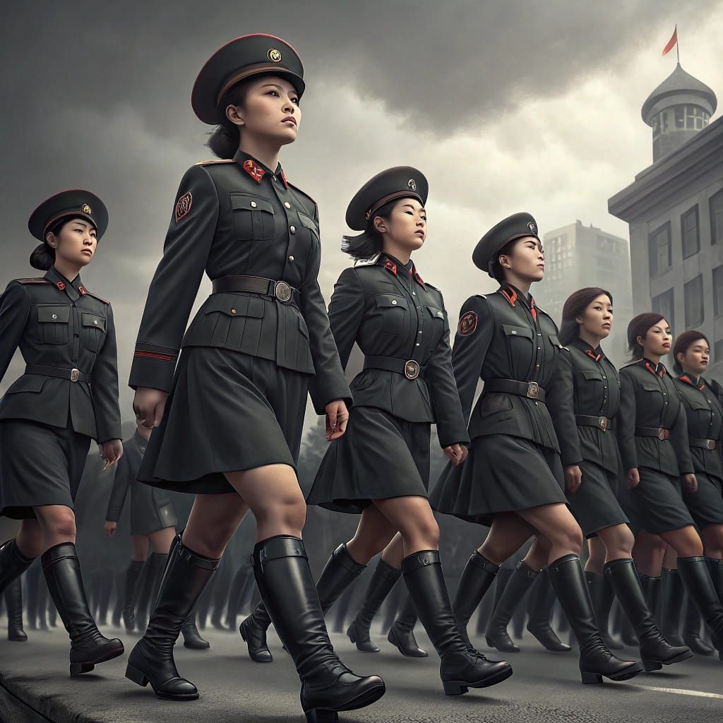 North Korean Female Soldiers in Black Leather Boots Gooseste...