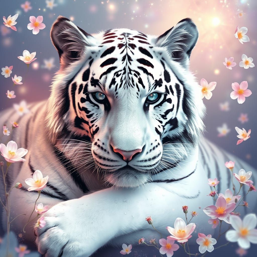 Ethereal White Tiger in a Dreamlike Floral Tapestry
