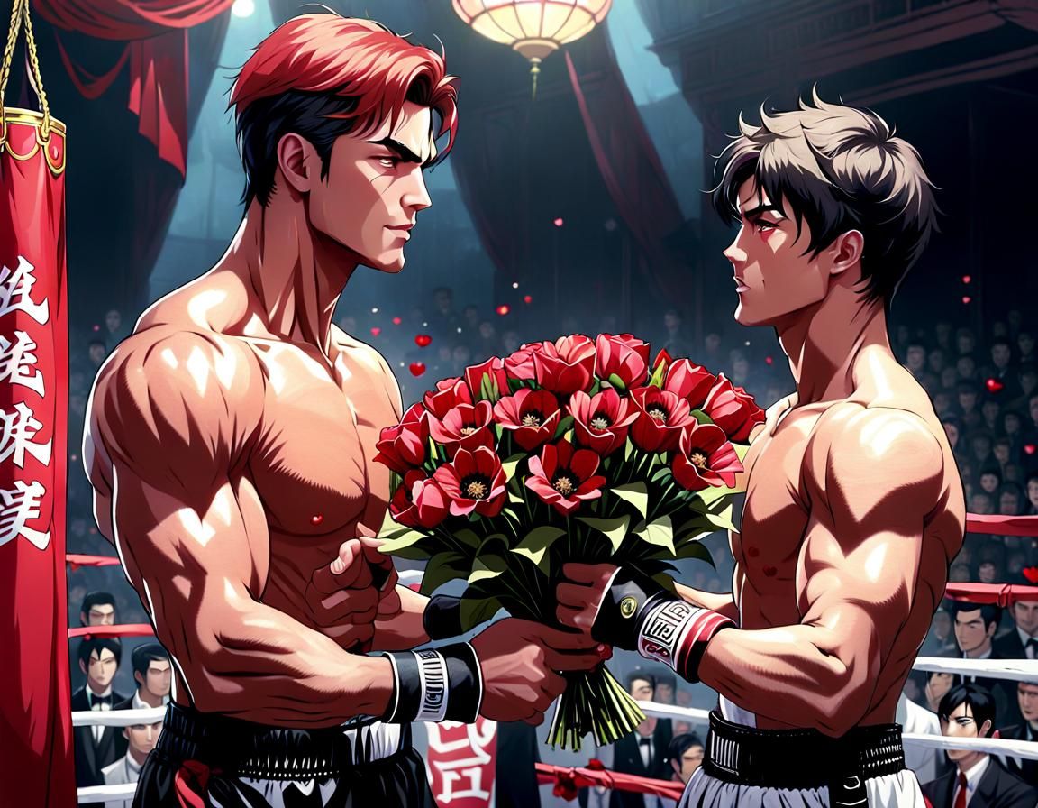 Boxer Receives Flowers in Anime Style