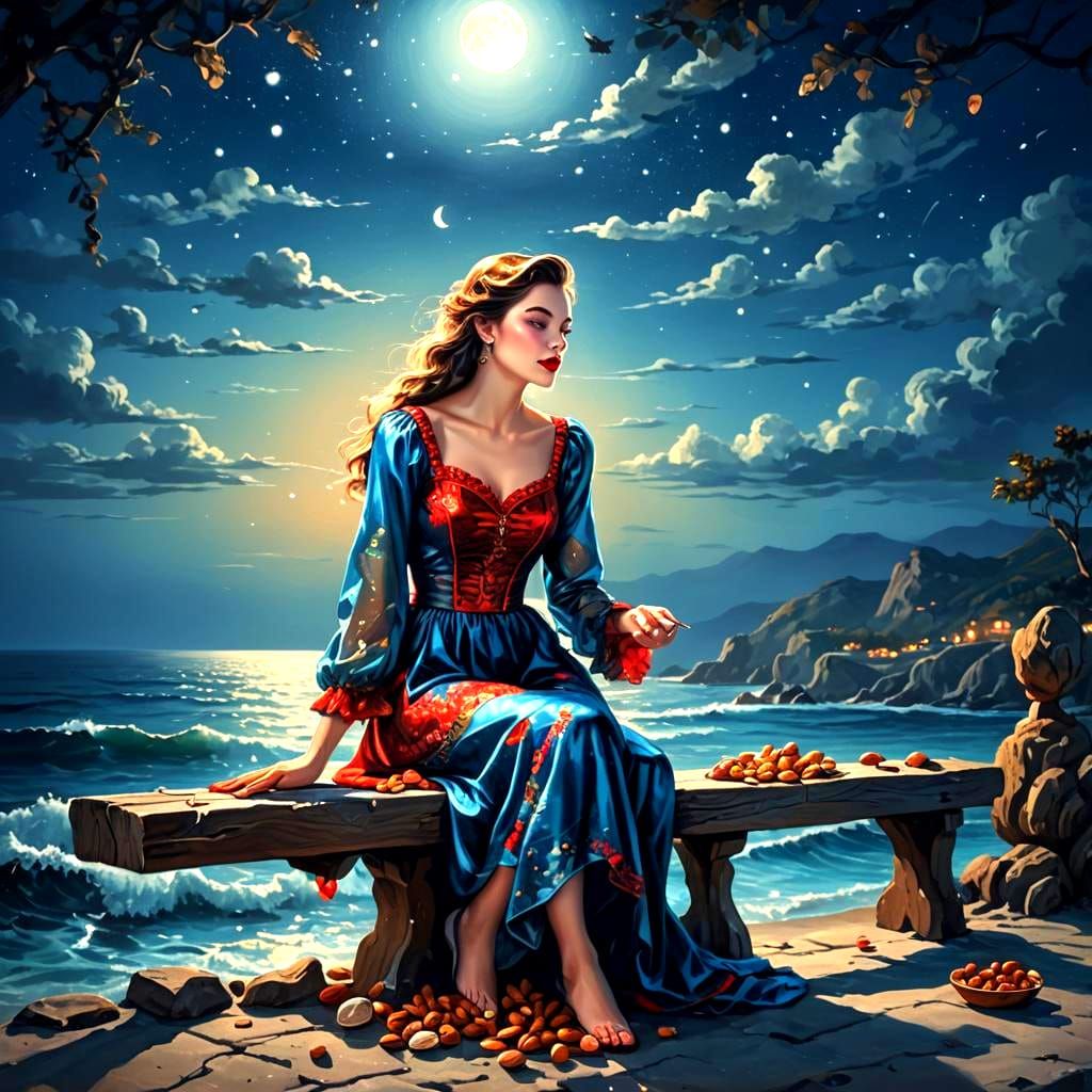 Stylish Woman Laughing Under Moonlight: Fantasy Art