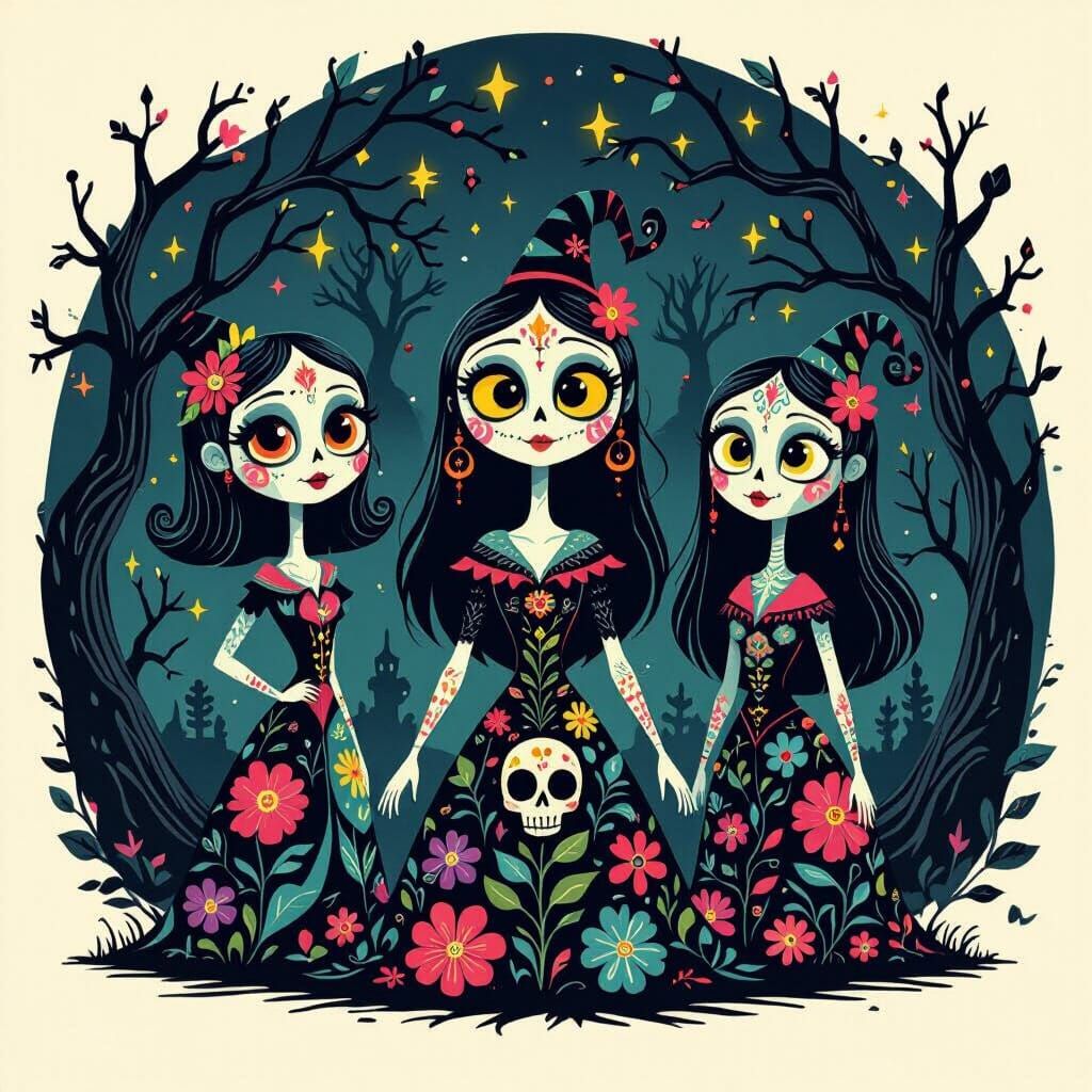 Three Whimsical Tree Witches in Burton-esque Mexican Folk Ar...