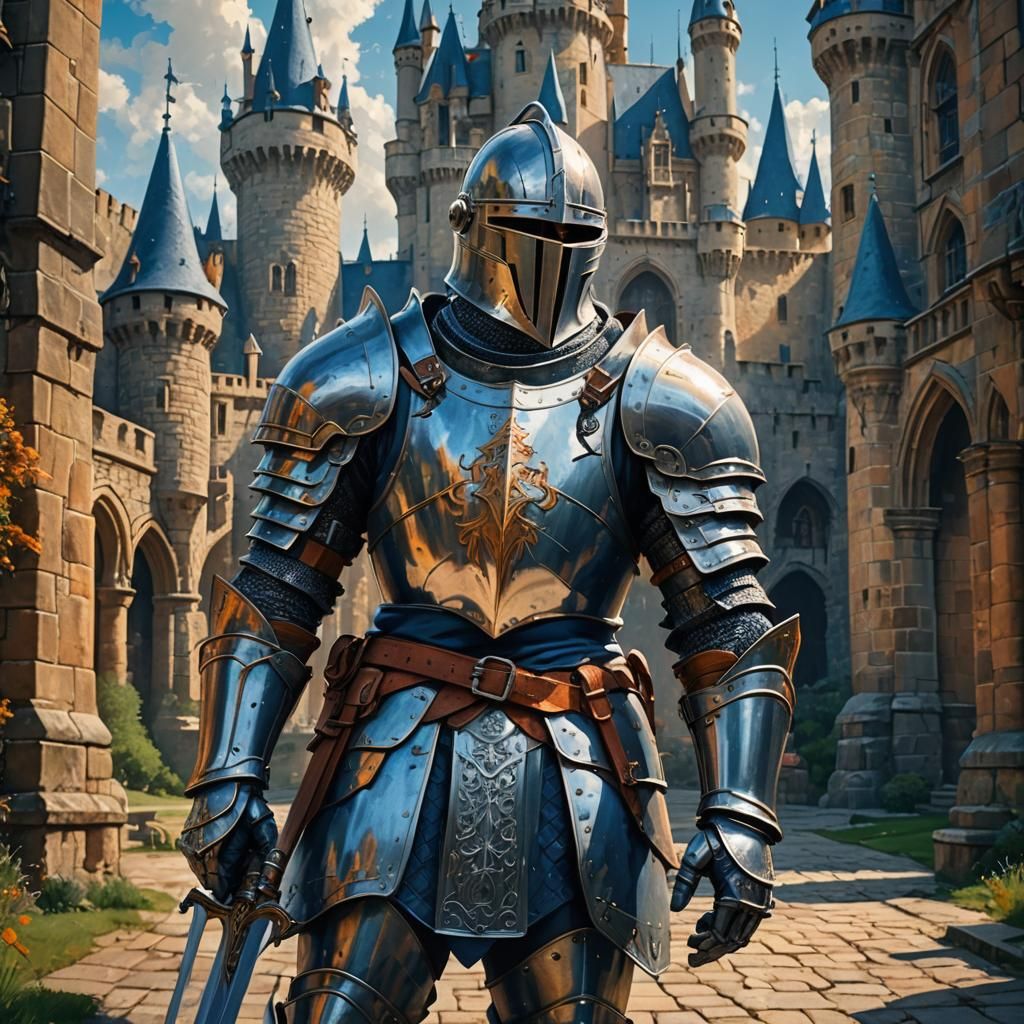 Knight in Armor with Castle, Expressive Painting Style
