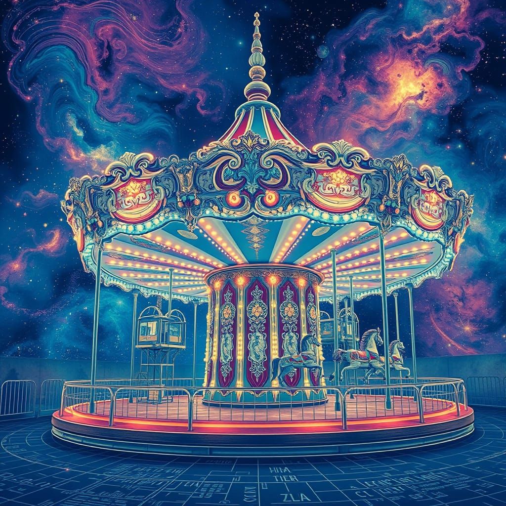 Vintage Carousel Blueprint in Cosmic Astral Style