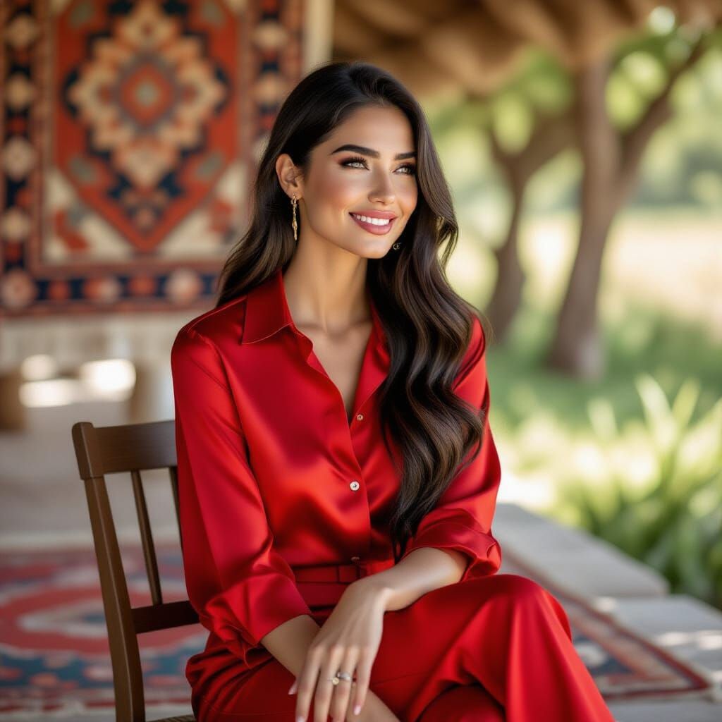 Elegant Woman in Red Satin Outfit in Nature