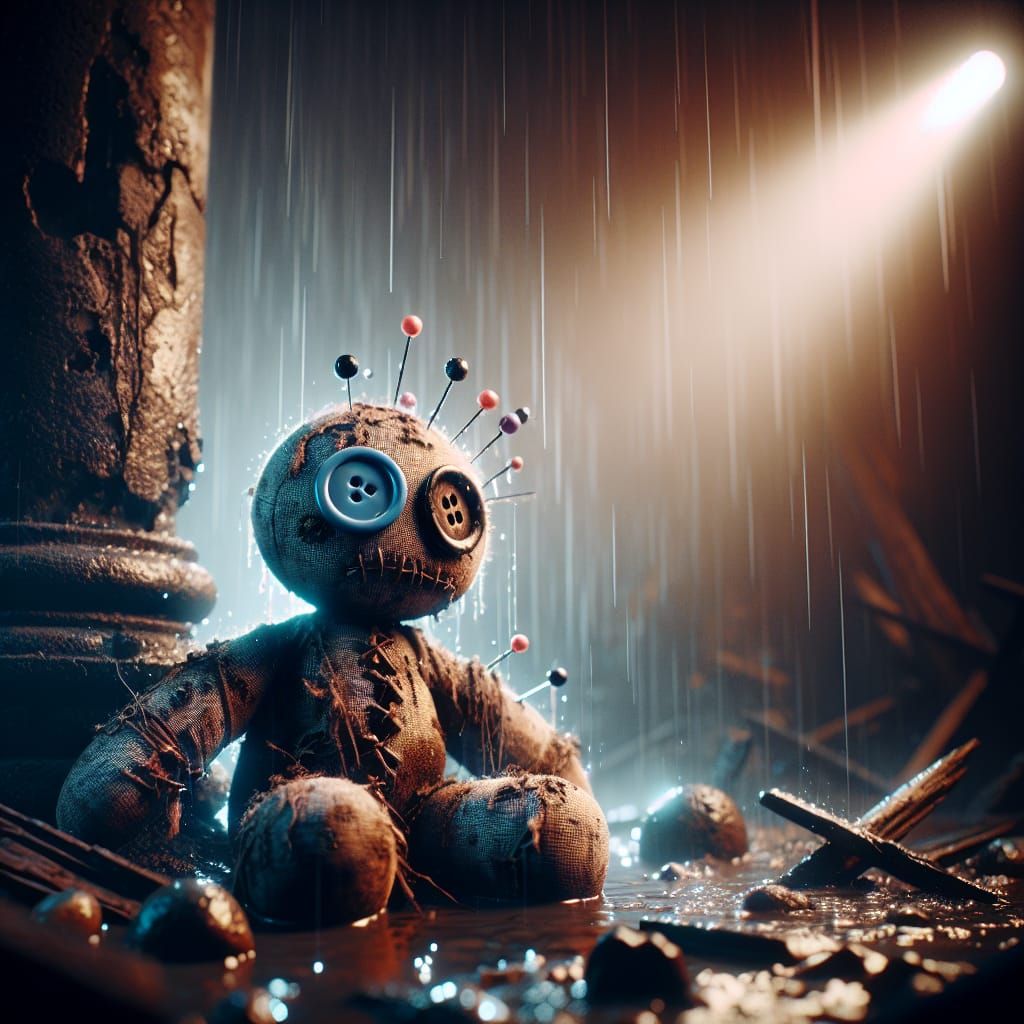 Frightened Voodoo Doll in Apocalyptic Ruins