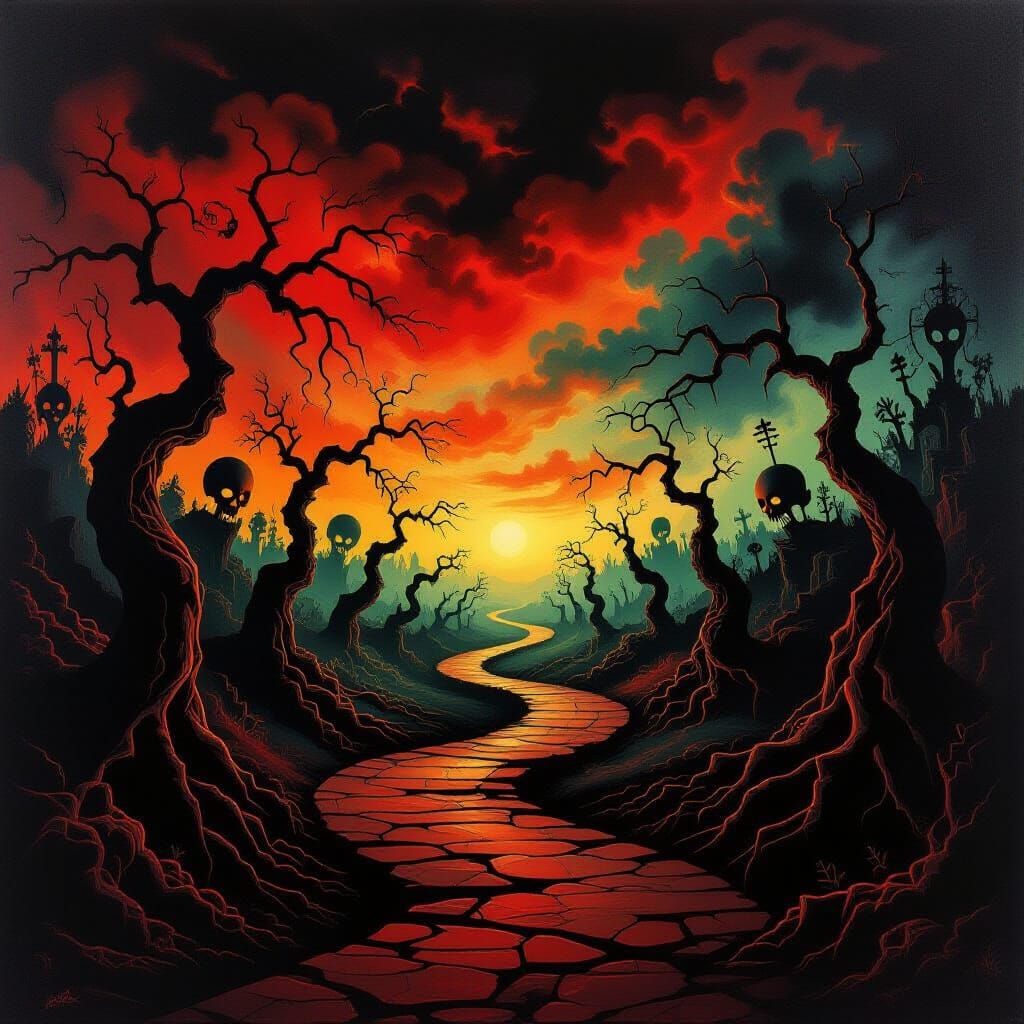 Surreal Hellscape Path Rendered in Dalí and Bosch Style