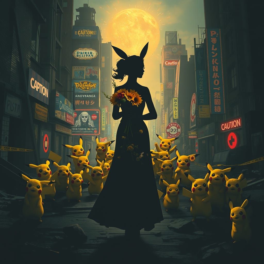 Elegant Woman Amidst Dystopian Cityscape with Radiant Pikach...